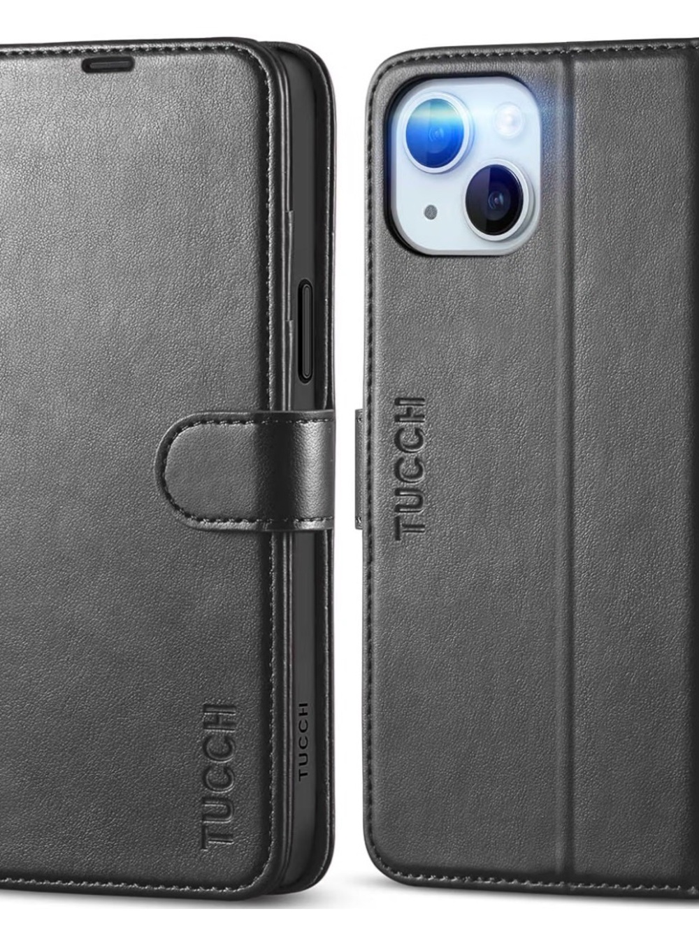 Black Detachable Wallet iPhone 15 Plus Case with Magnetic Strap Closure